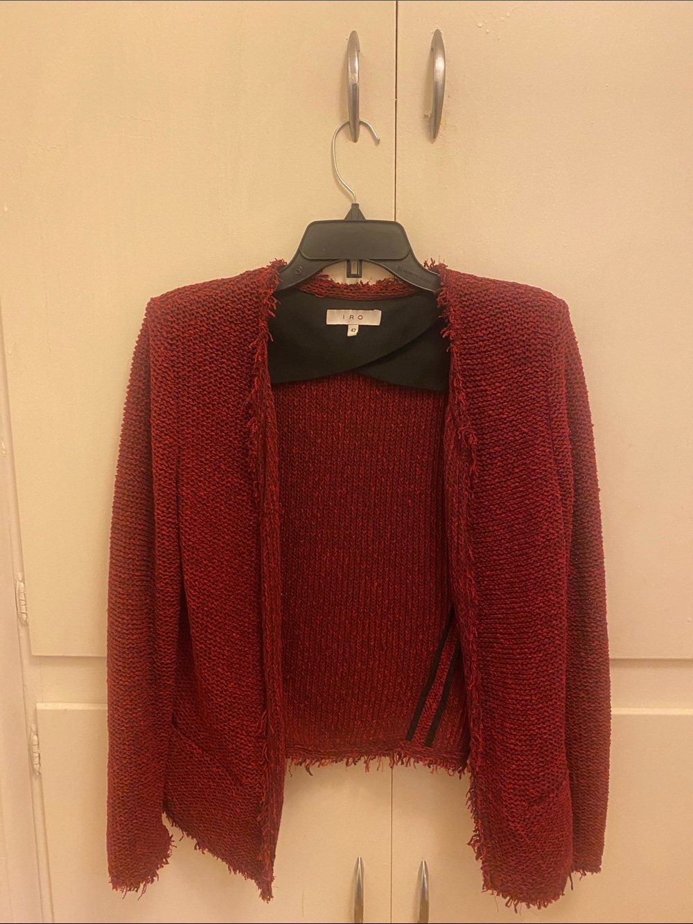 IRO Deep Red Open-Front Frayed Knit Cardigan
